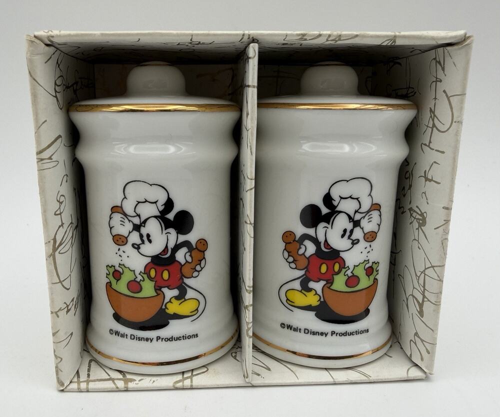 Vtg Walt Disney Mickey Mouse Salt Pepper Shakers Japan Porcelain Gold Trim